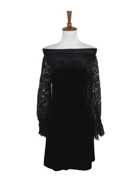 WHBM Black Velvet Dress Women’s S Lace‎ Long Sleeve Off Shoulder Whimsigoth